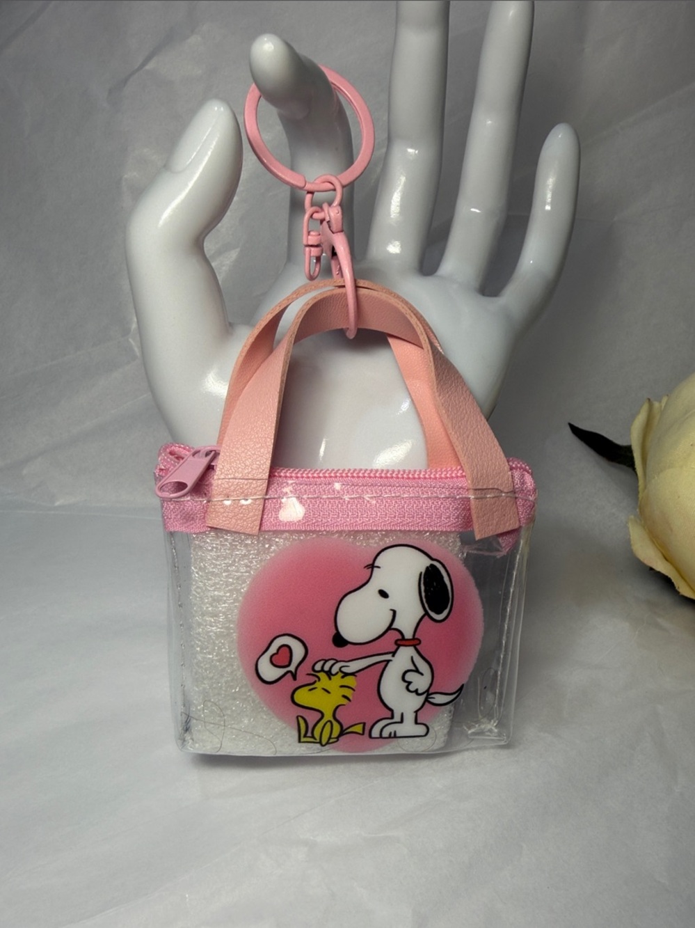 Pink Snoopy & Woodstock Clear Mini Keychain Card Holder